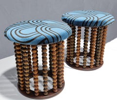 Arthur Umanoff Style Beaded Wood Stools with New Upholstery