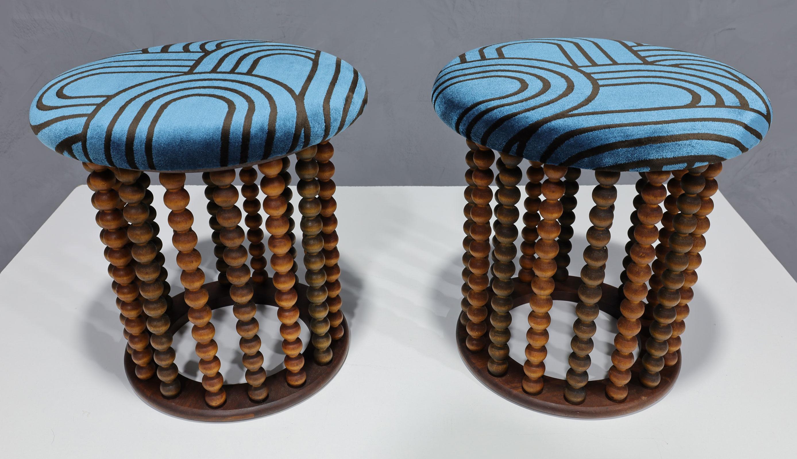 Mid-Century Modern Arthur Umanoff Style Beaded Wood Stools with New Upholstery For Sale