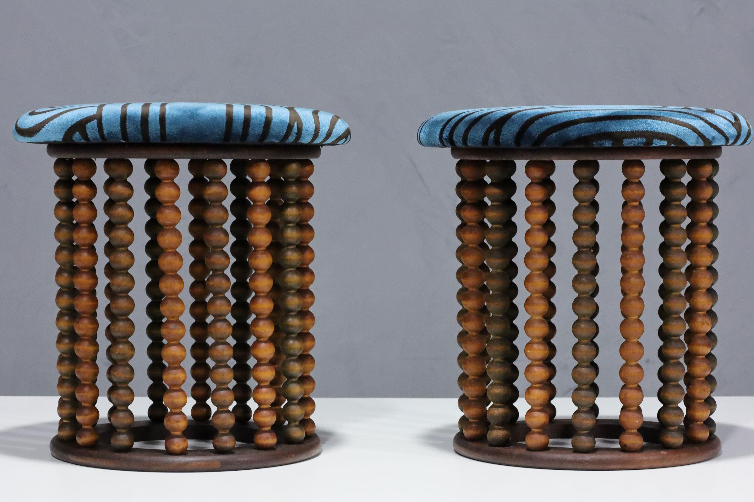 Arthur Umanoff Style Beaded Wood Stools with New Upholstery For Sale 2