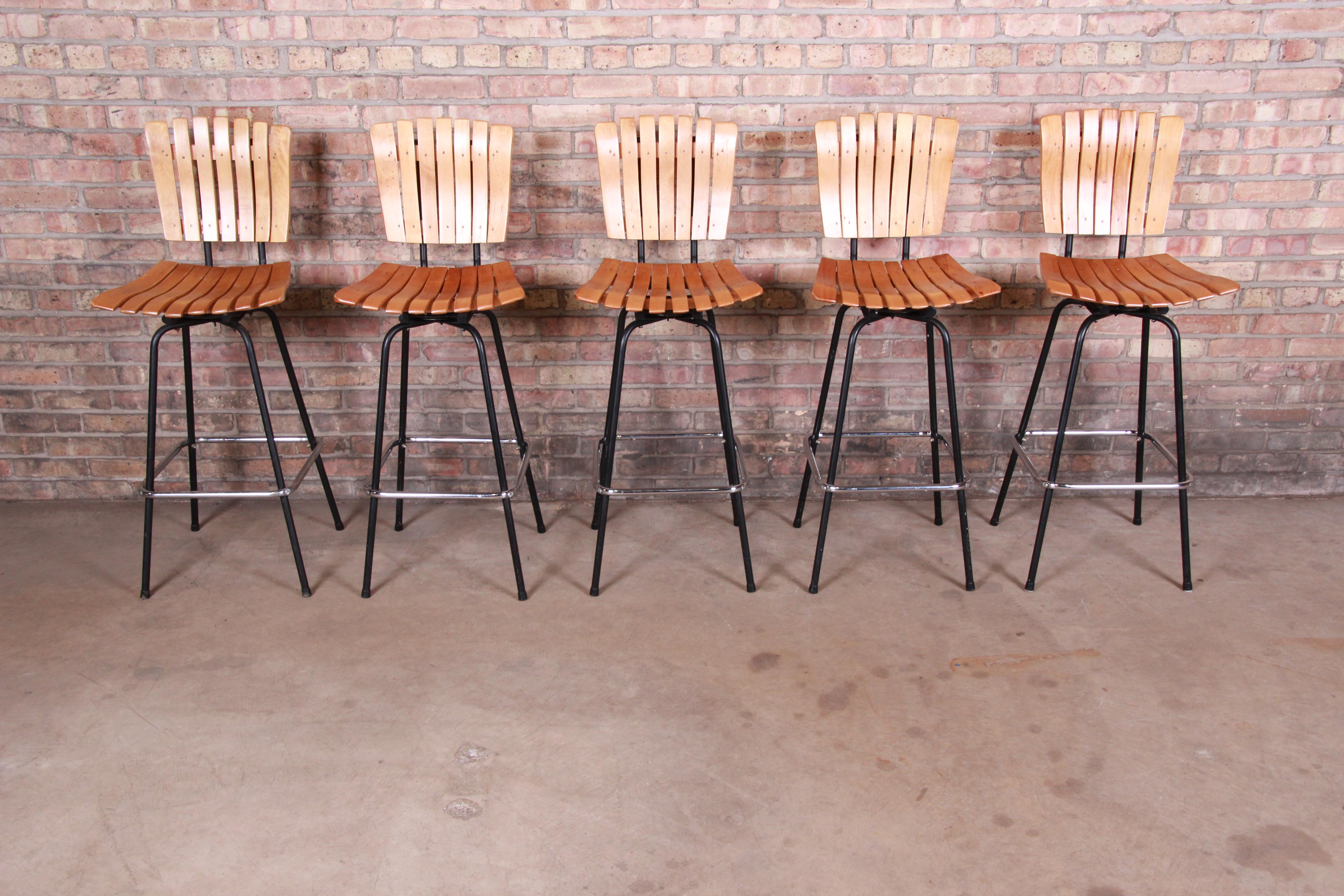 American Arthur Umanoff Style Mid-Century Modern Swivel Bar Stools, Set of Five