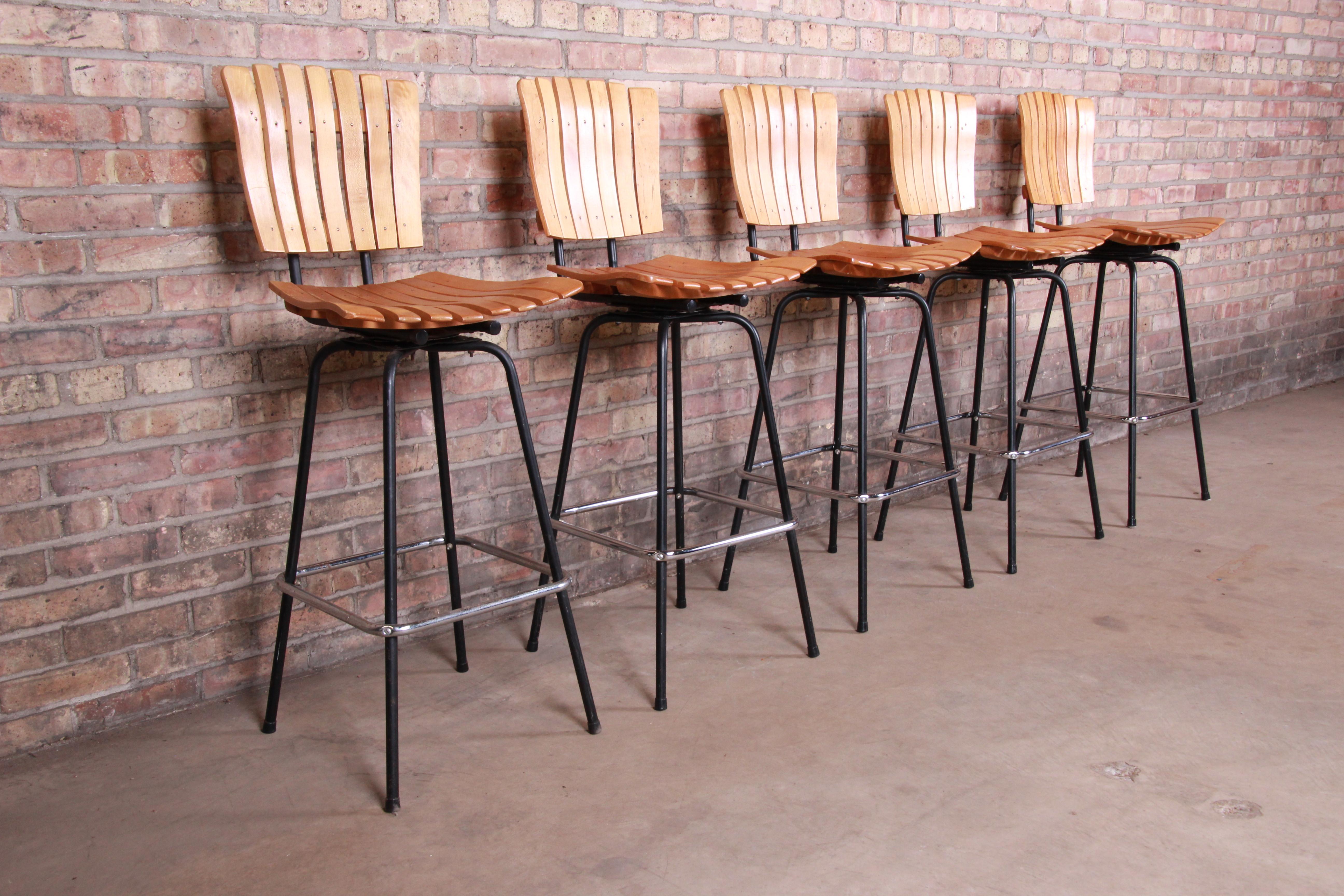 Steel Arthur Umanoff Style Mid-Century Modern Swivel Bar Stools, Set of Five