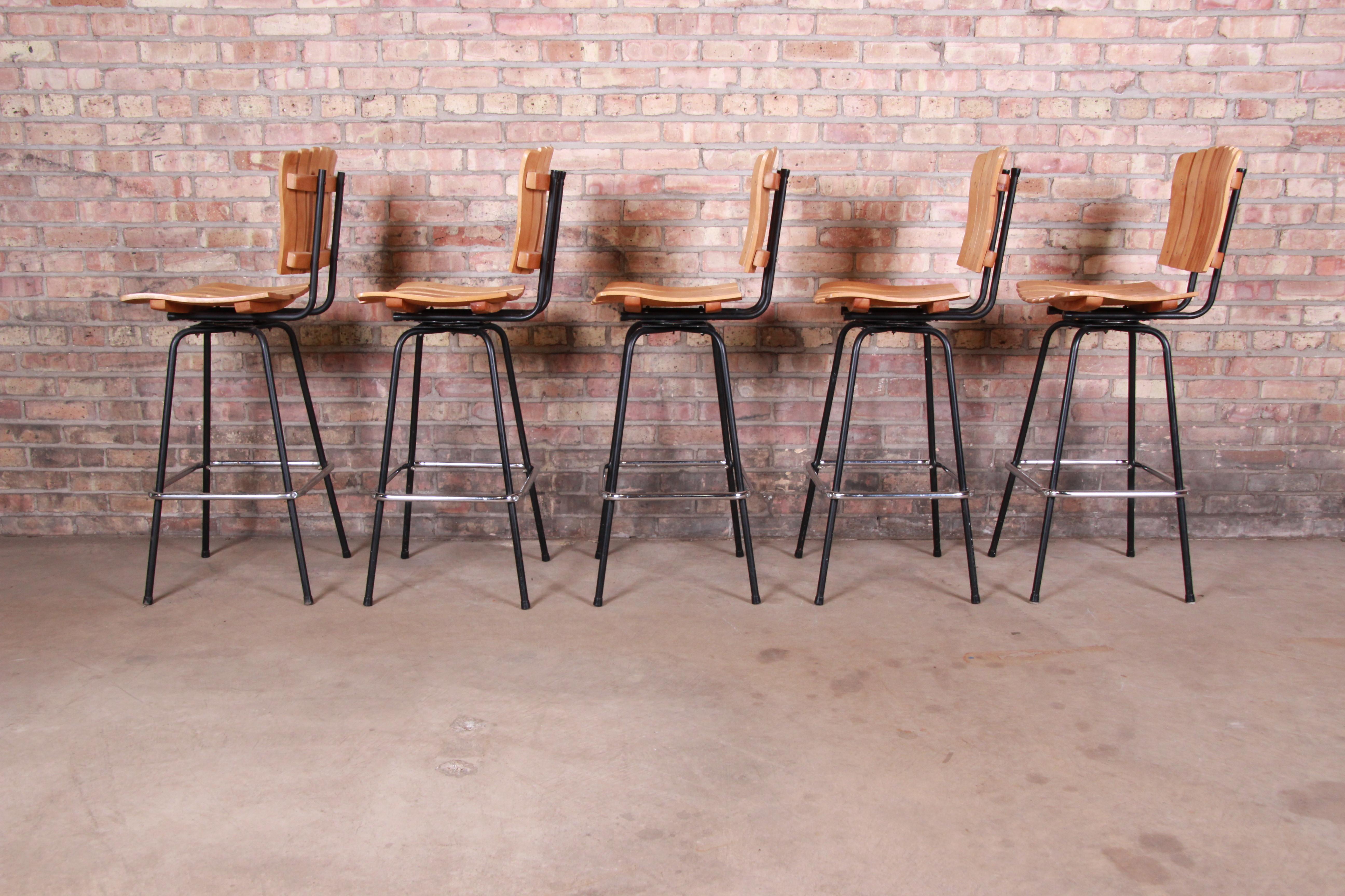 Arthur Umanoff Style Mid-Century Modern Swivel Bar Stools, Set of Five 1