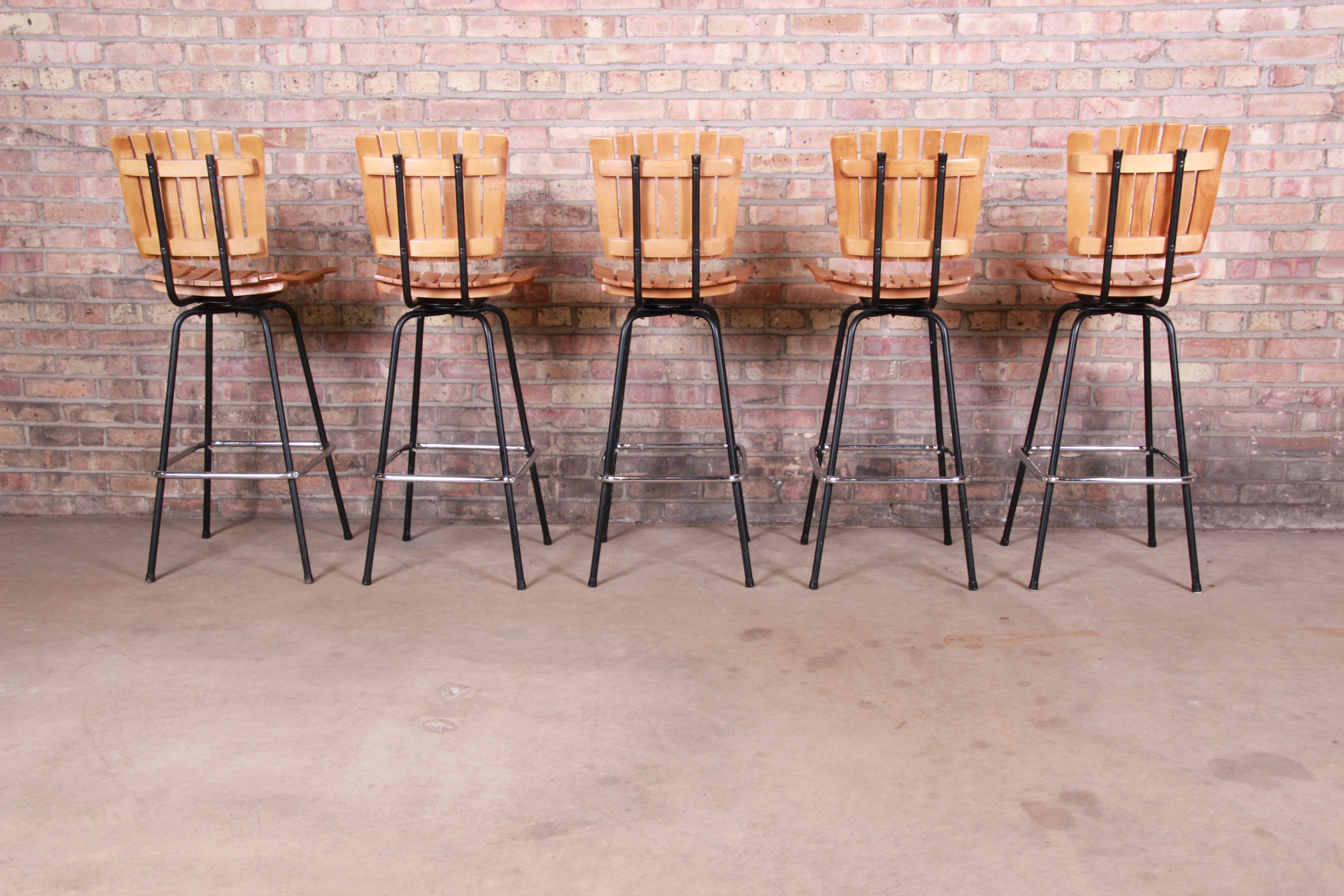 Arthur Umanoff Style Mid-Century Modern Swivel Bar Stools, Set of Five 2