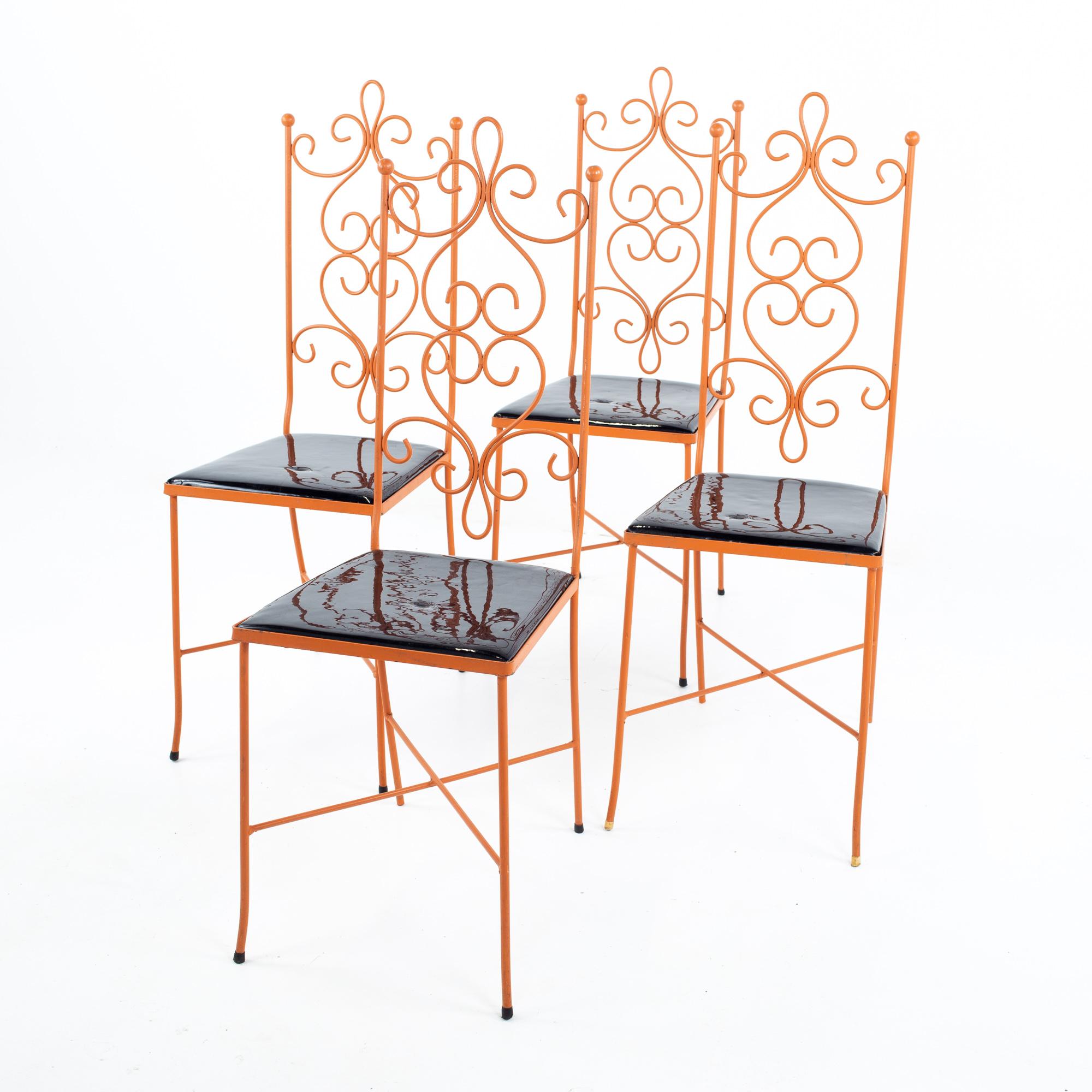 Arthur Umanoff style mid century orange metal dining chairs - set of 4
Each chair measures: 13.5 wide x 15.5 deep x 38 high, with a seat height of 17.25

All pieces of furniture can be had in what we call restored vintage condition. That means