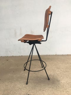 Arthur Umanoff Style Slate Bar Stool with Black Wrought Iron Base