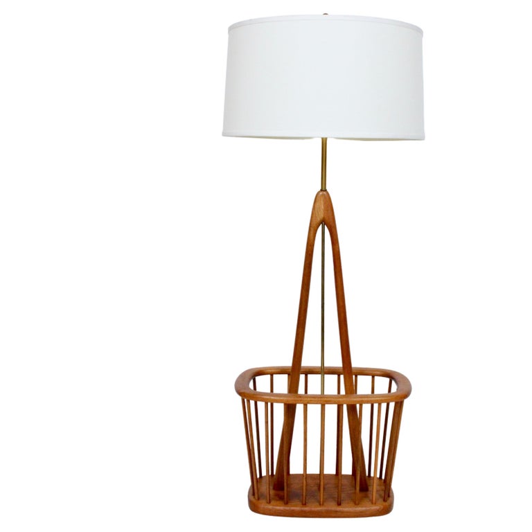 Arthur Umanoff Teak and Brass Floor Lamp, Magazine Rack, 1960's For
