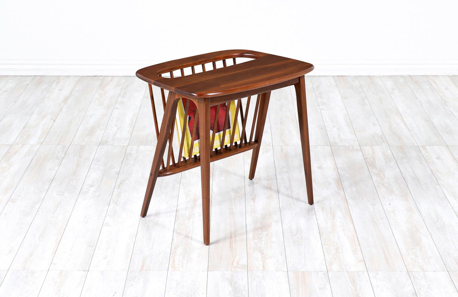 Mid-Century Modern Arthur Umanoff Walnut Spindle Side Table with Magazine Rack 