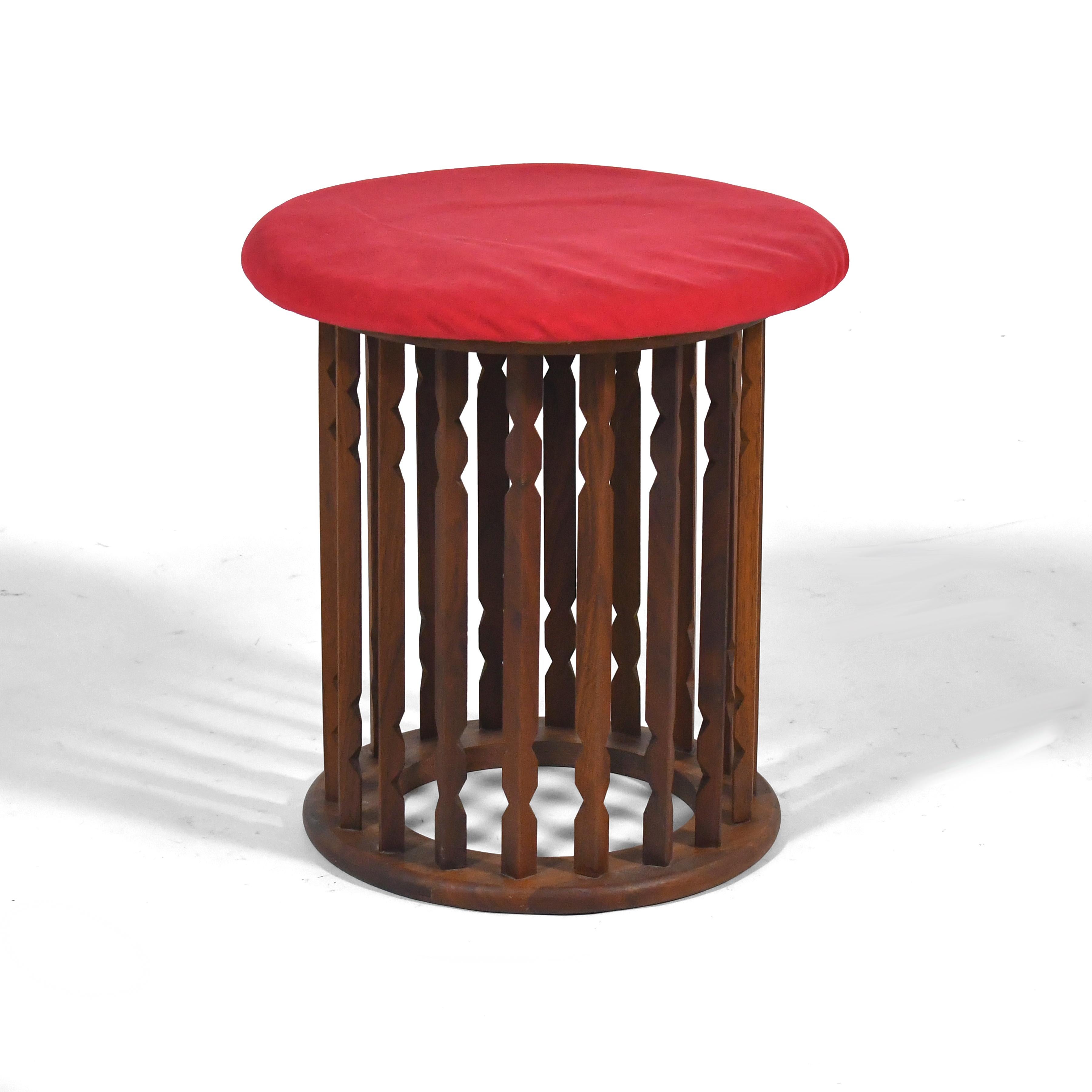 This lovely little stool by Arthur Umanoff for Washington Woodcraft has sculptural spindles that create visual movement as your perspective on the stool changes.

Measures: 17