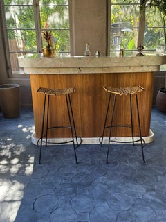 Arthur Umanoff Wicker & Iron Bar Stools – Authentic MCM Sculptural Pair