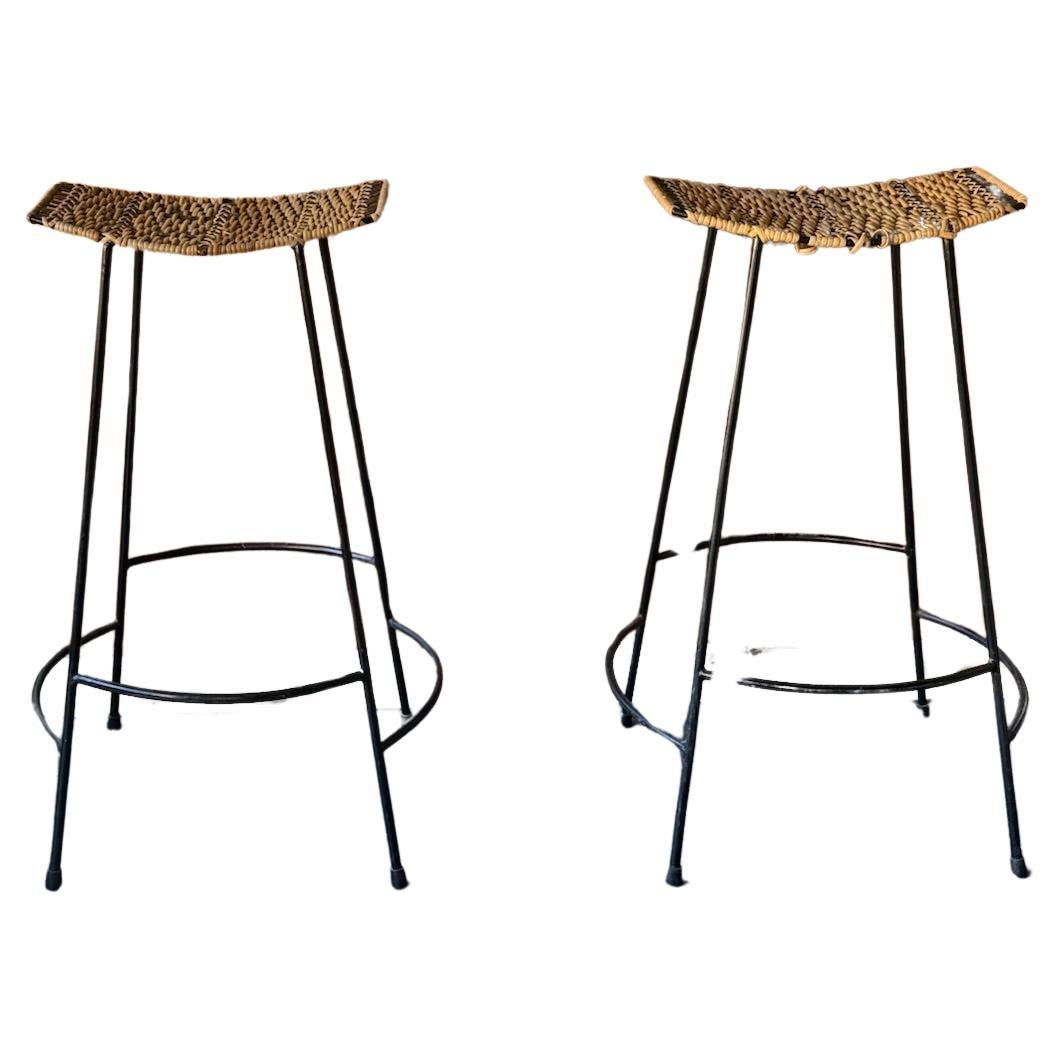 Arthur Umanoff Wicker 
Iron Bar Stools – Authentic MCM Sculptural Pair For Sale