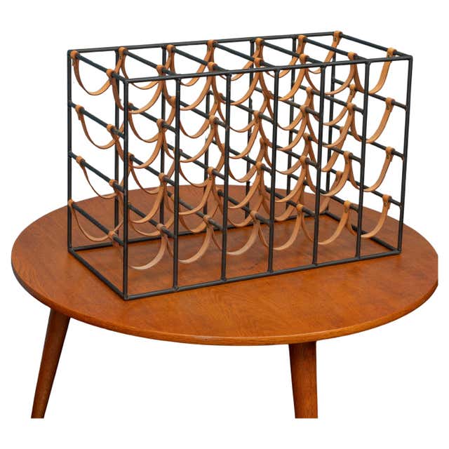 Object Rack Mid-Century Modern Arthur Umanoff Wrought Iron and Leather Wine Rack ...