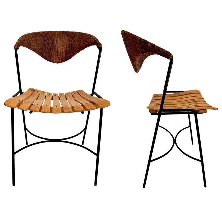Arthur Umanoff Wood and Rush Sculptural Chairs For Sale