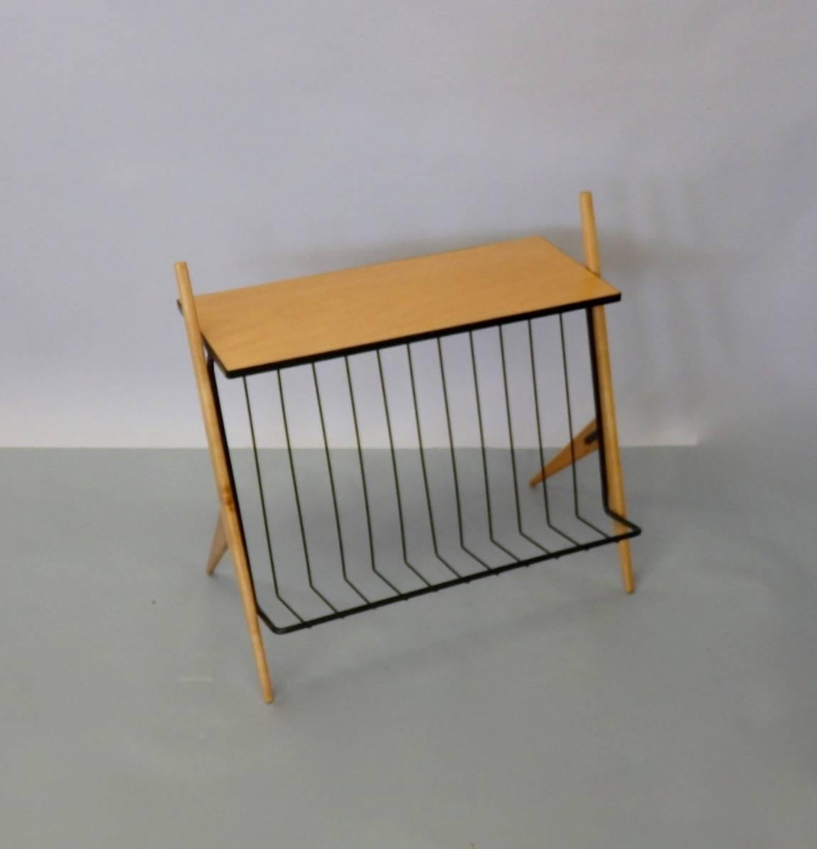 Mid-Century Modern Arthur Umanoff Wrought Iron with Blonde Wood Modernist Magazine Stand Side Table For Sale