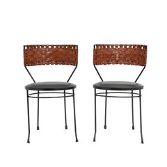 Arthur Umanoff Wrought Iron Dining Chairs Woven Leather Shaver Howard a Pair