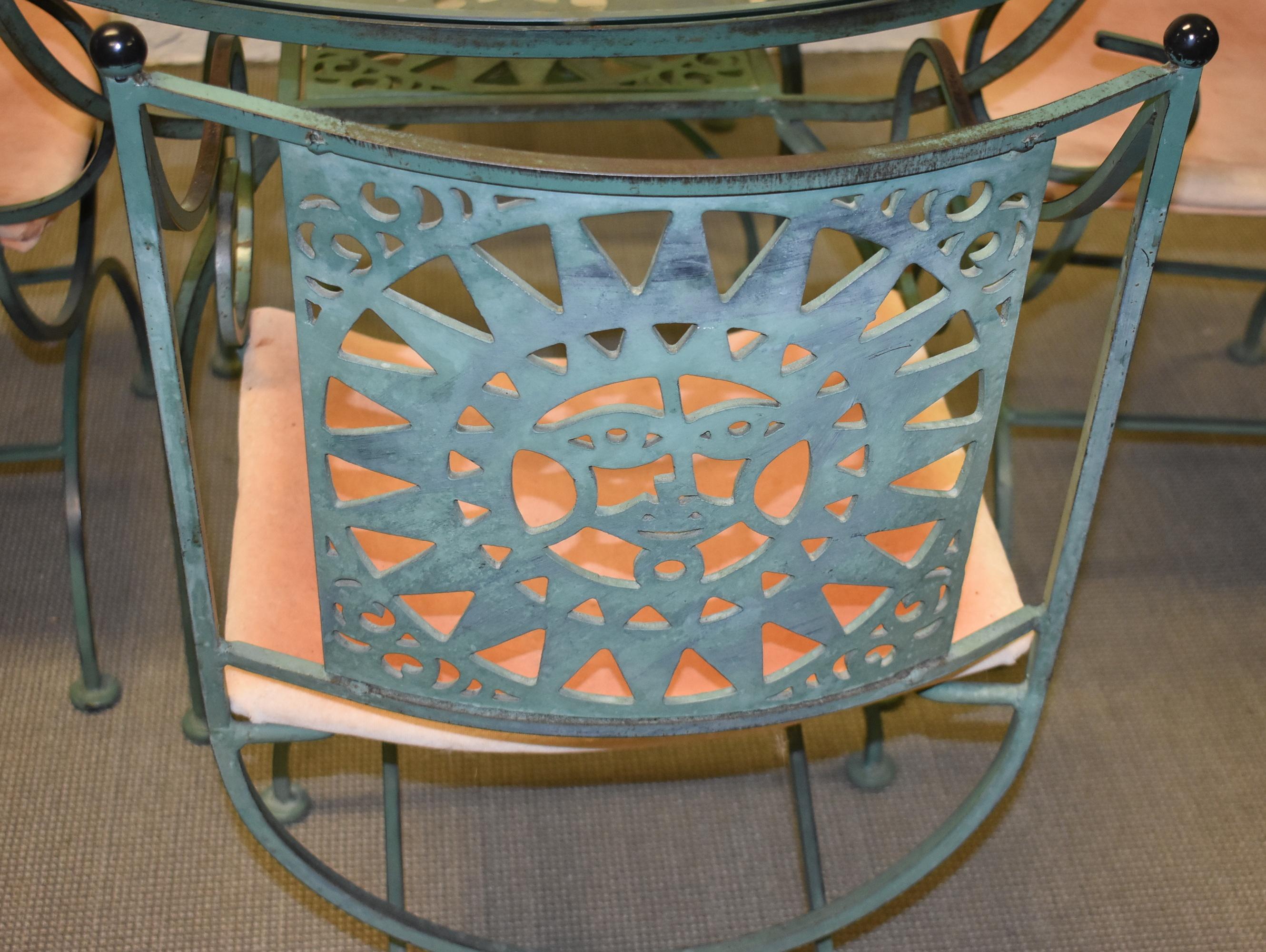 20th Century Arthur Umanoff Wrought Iron Mayan Sun Patio Set For Sale
