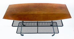 Arthur Umanoff Wrought Iron Rolling Bar Cart, Surfboard Wood Top