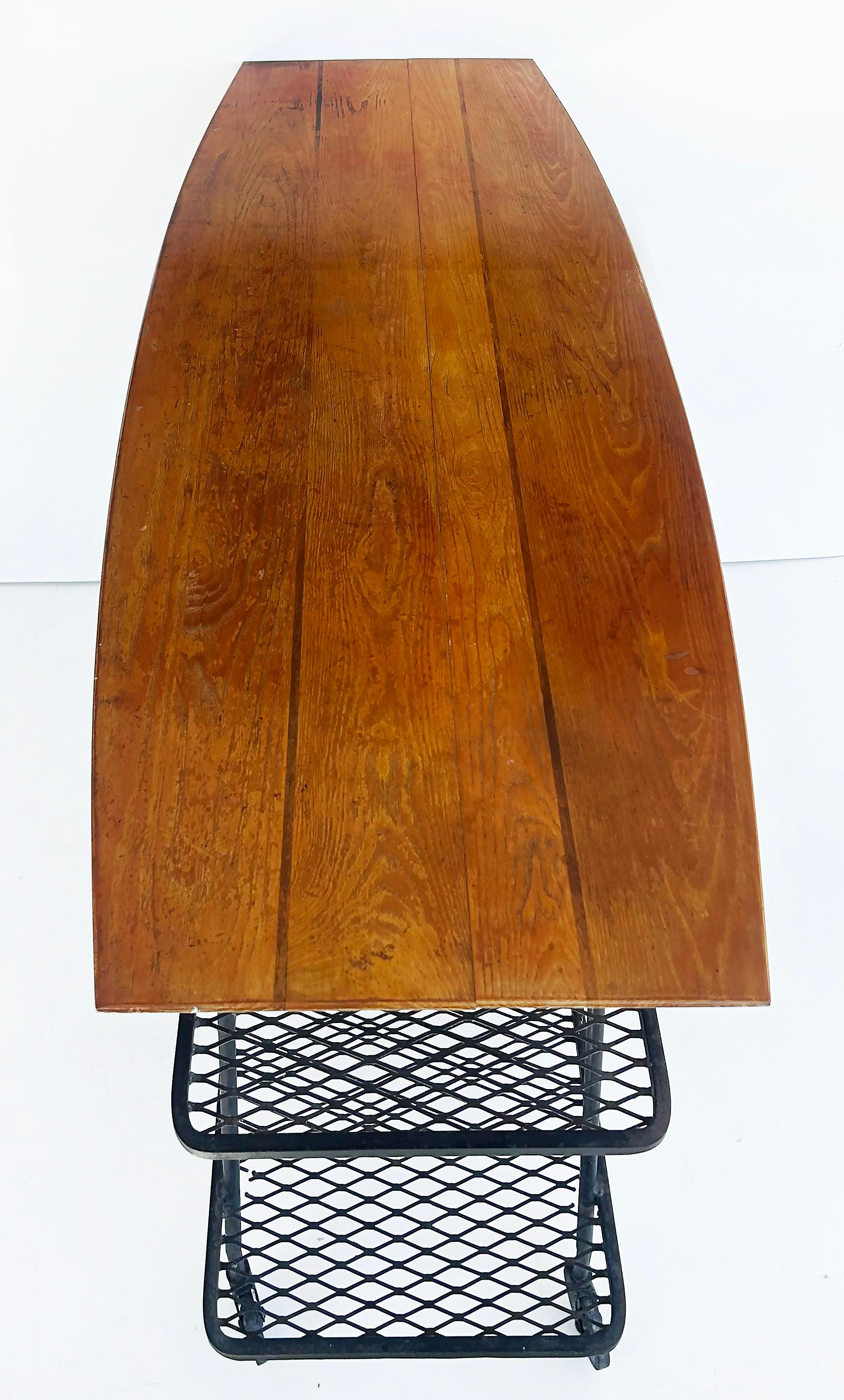 Mid-Century Modern Arthur Umanoff Wrought Iron Rolling Bar Cart, Surfboard Wood Top For Sale