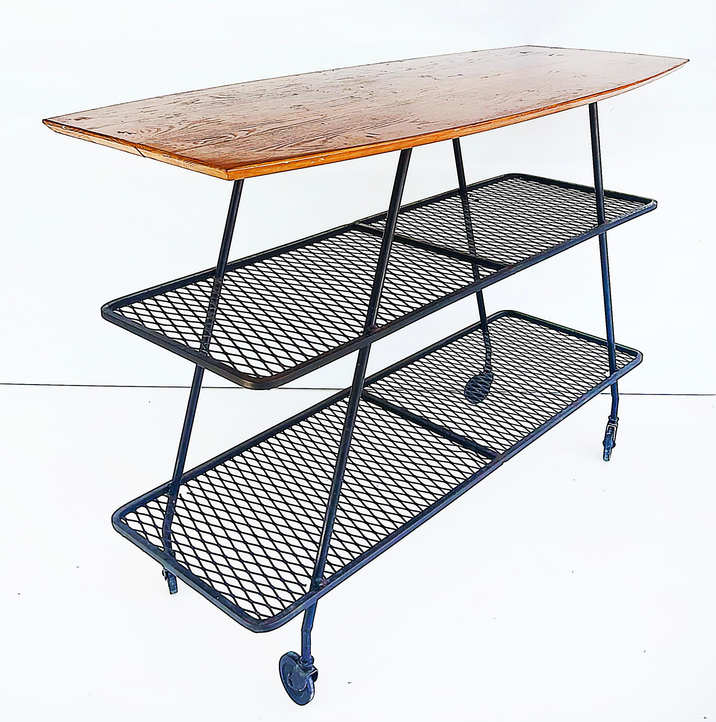 American Arthur Umanoff Wrought Iron Rolling Bar Cart, Surfboard Wood Top For Sale