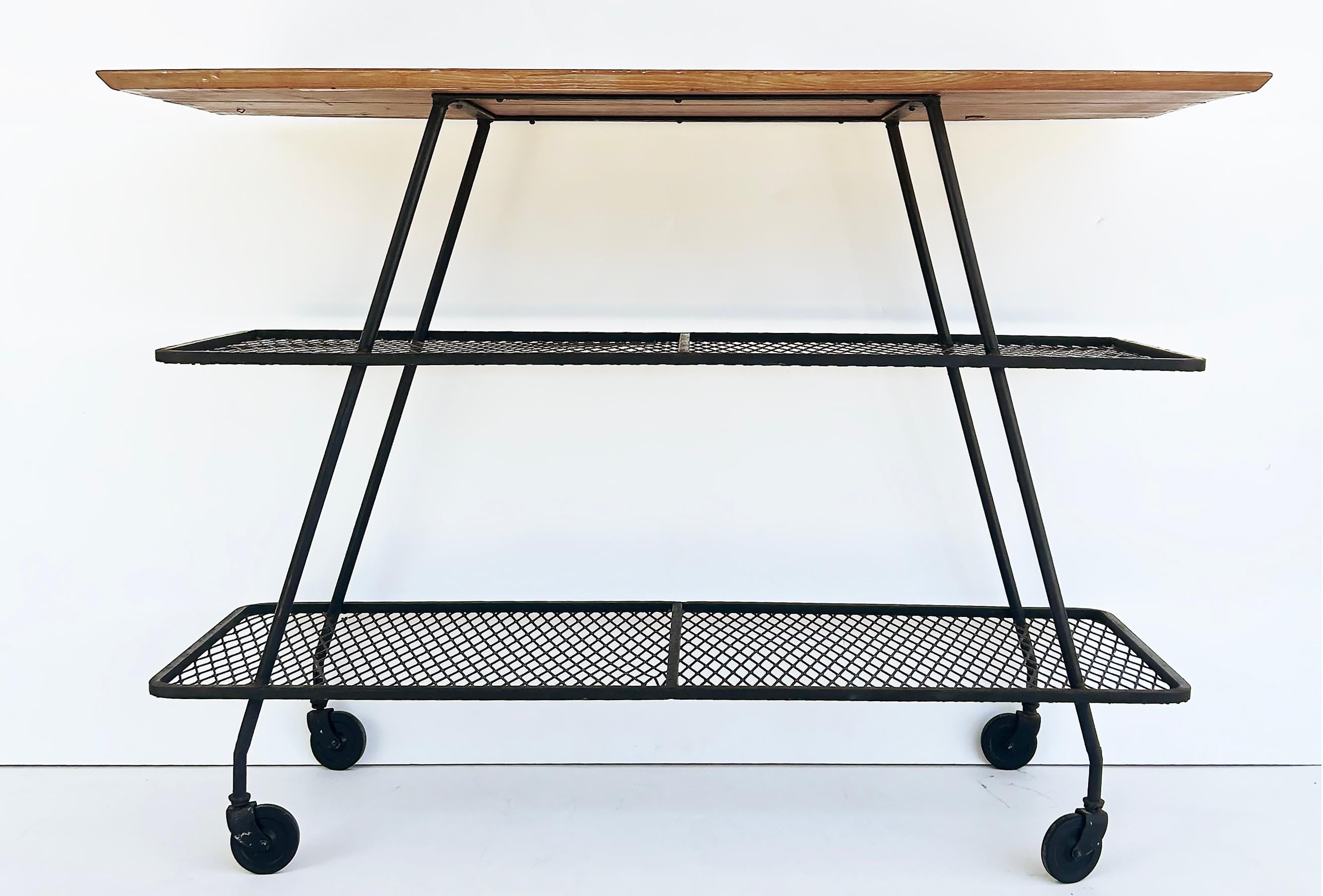 Arthur Umanoff Wrought Iron Rolling Bar Cart, Surfboard Wood Top In Good Condition For Sale In Miami, FL