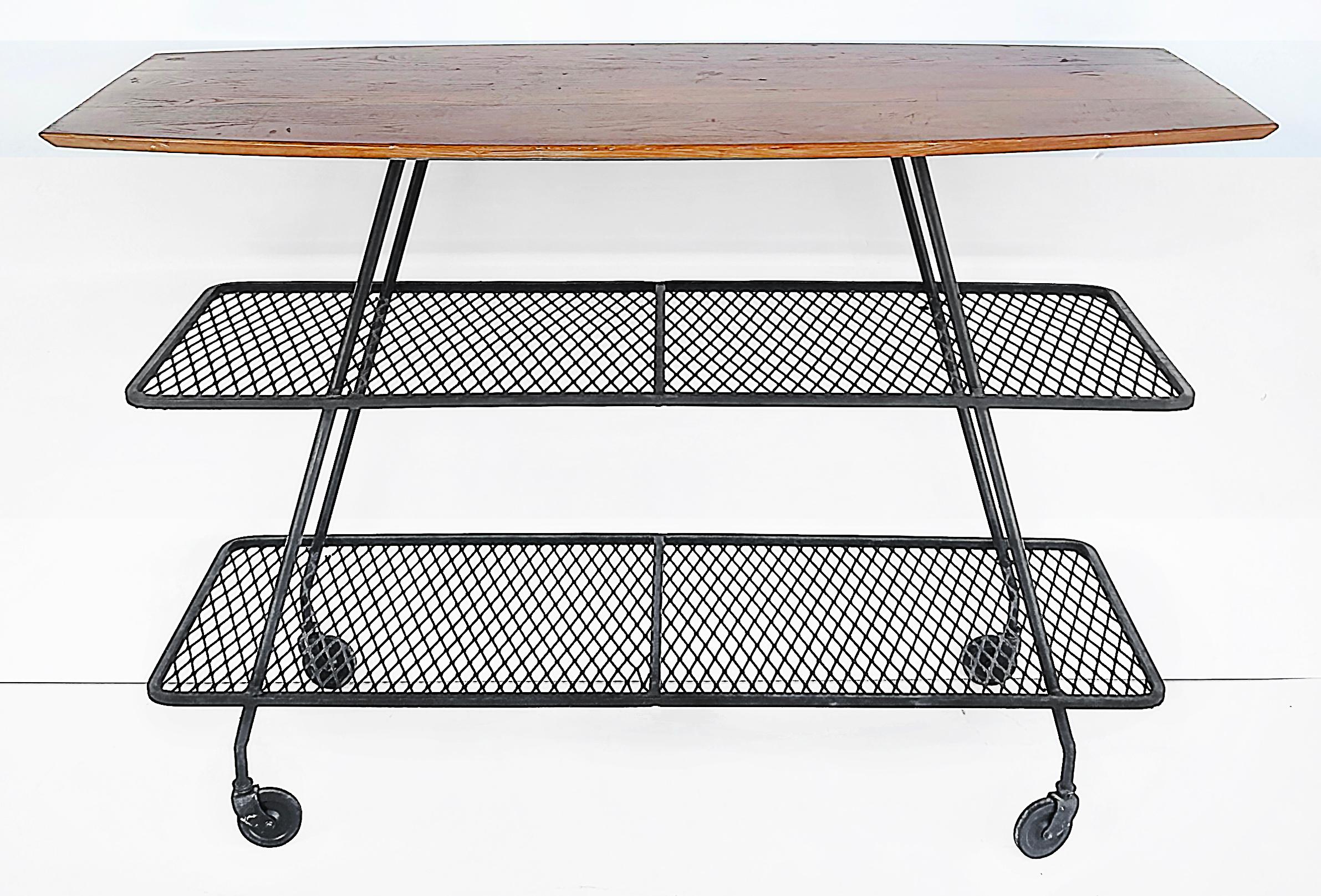 20th Century Arthur Umanoff Wrought Iron Rolling Bar Cart, Surfboard Wood Top For Sale