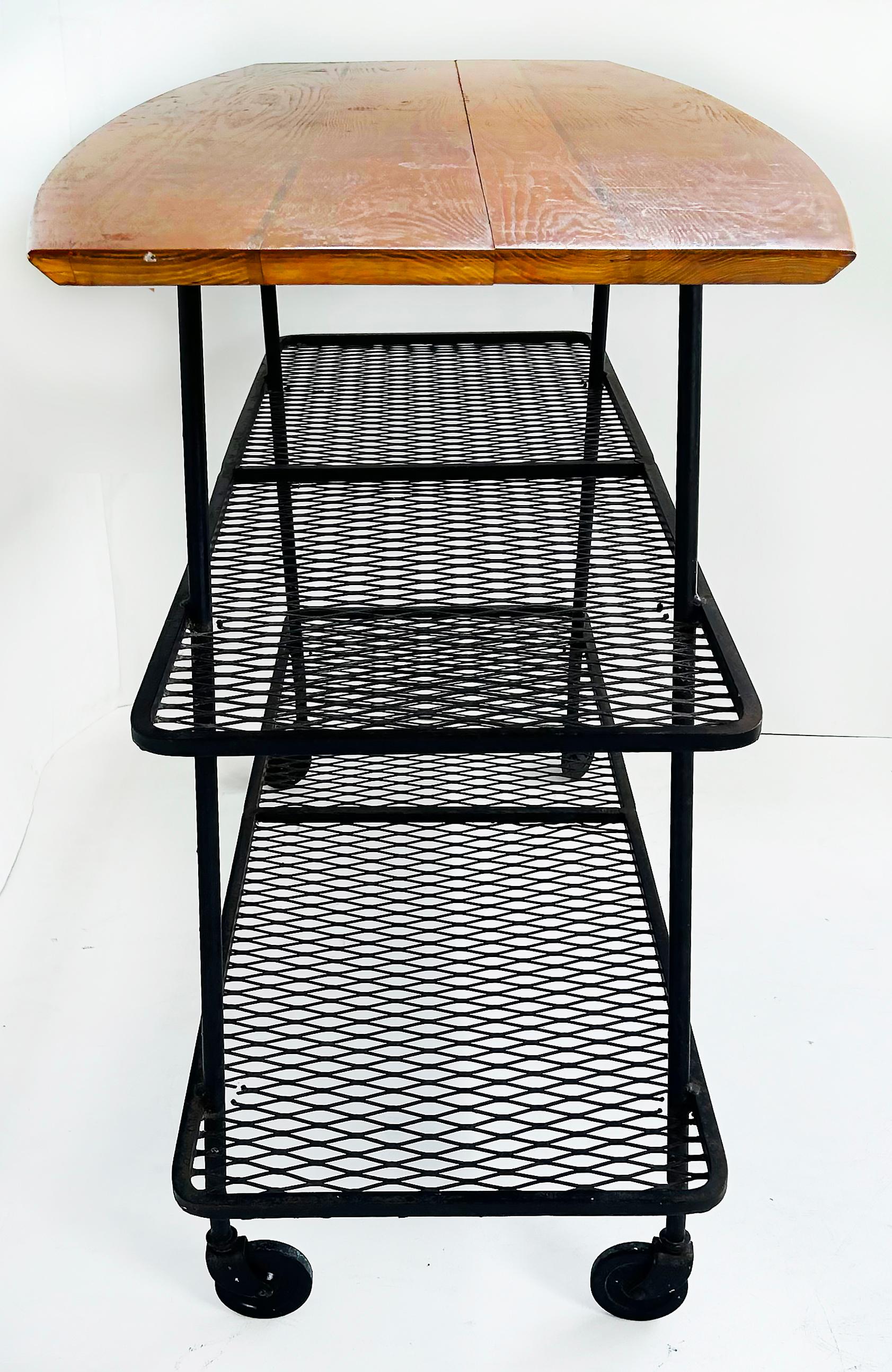 Arthur Umanoff Wrought Iron Rolling Bar Cart, Surfboard Wood Top For Sale 1