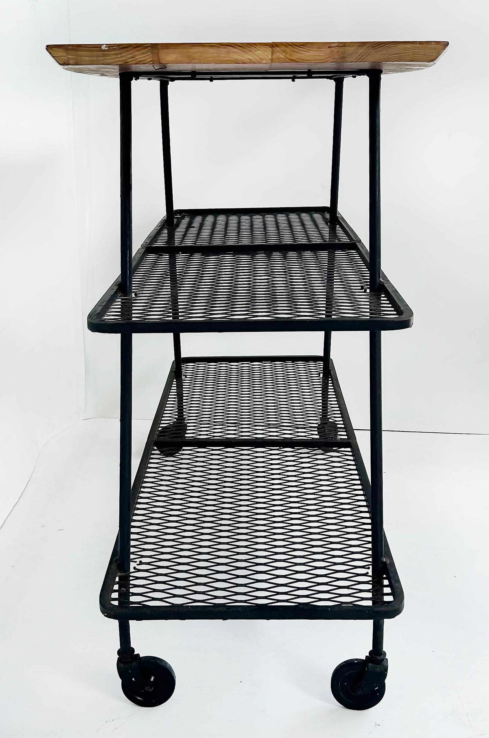 Arthur Umanoff Wrought Iron Rolling Bar Cart, Surfboard Wood Top For Sale 3