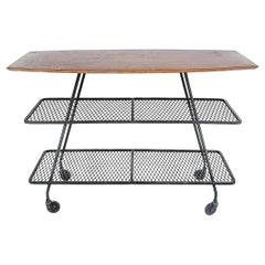 Arthur Umanoff Wrought Iron Rolling Bar Cart, Surfboard Wood Top