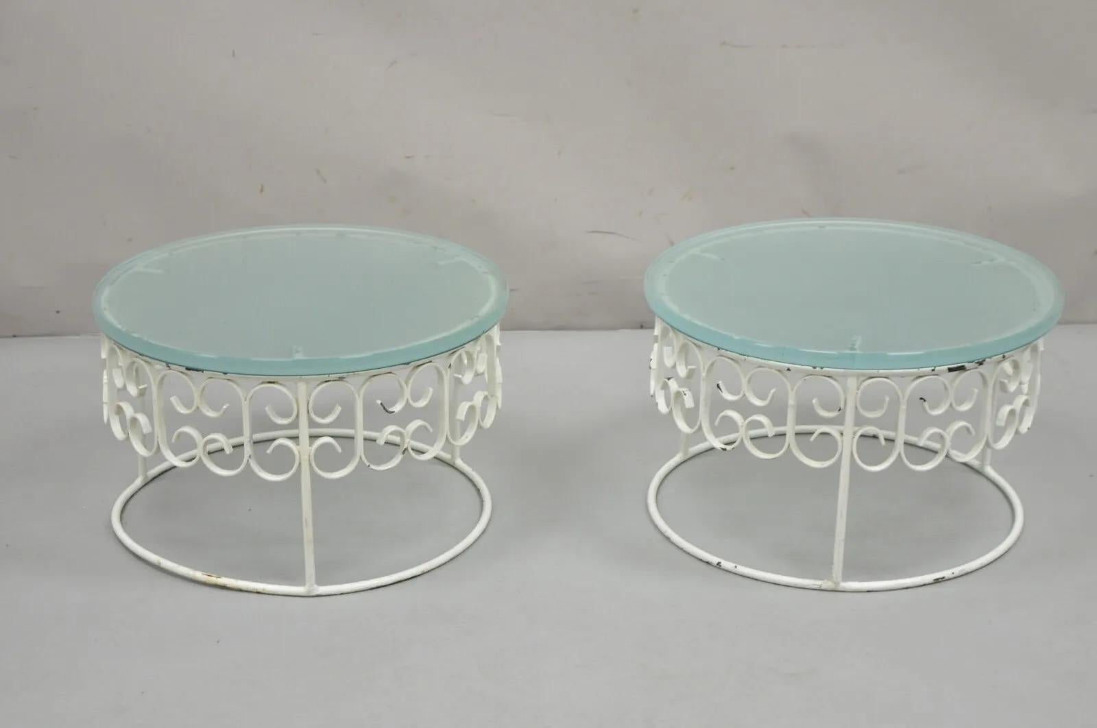 Arthur Umanoff Wrought Iron Scroll Low Round Glass Top Side Tables - a Pair For Sale 7