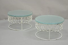 Arthur Umanoff Wrought Iron Scroll Low Round Glass Top Side Tables - a Pair