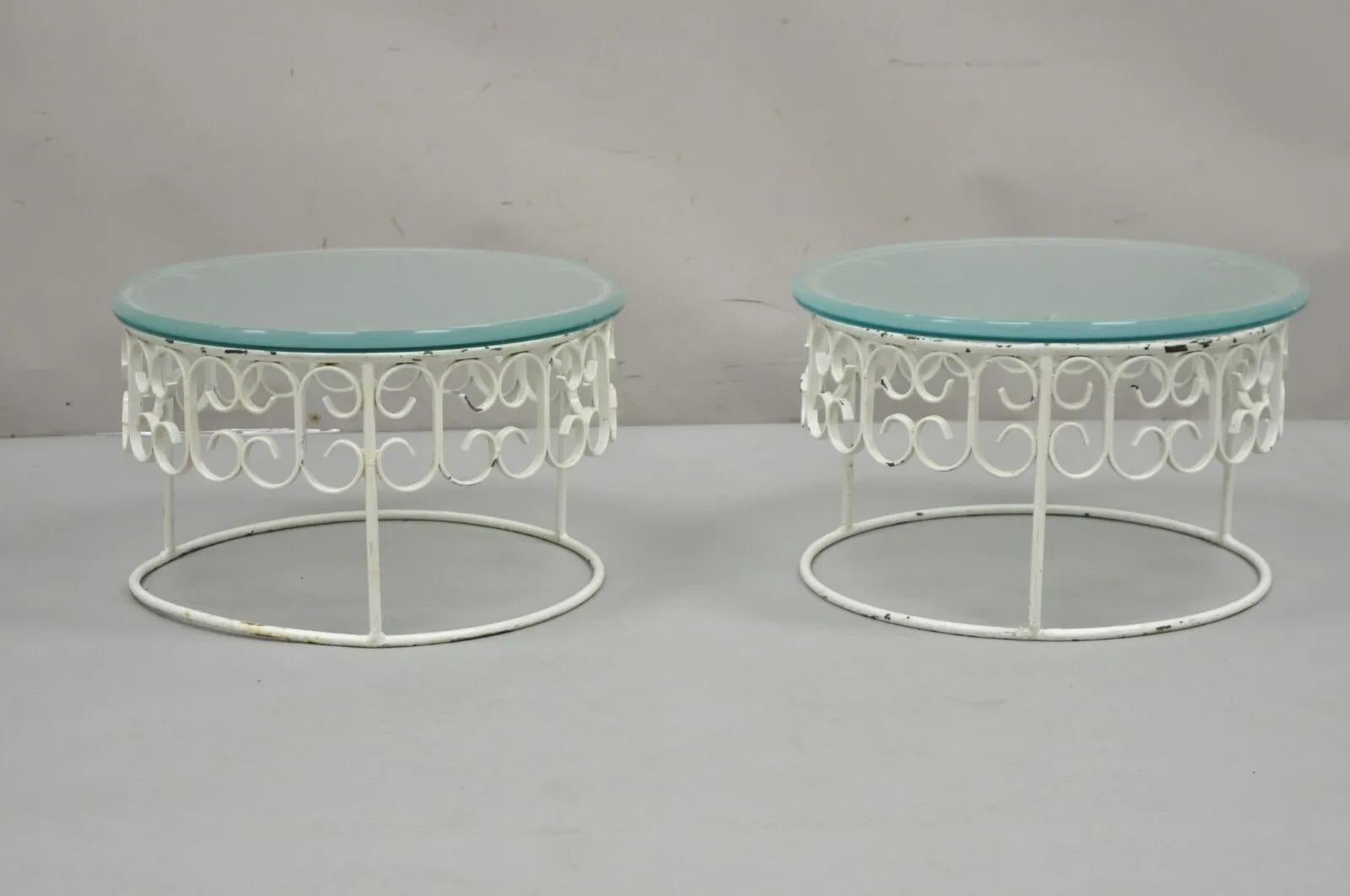 Mid-Century Modern Arthur Umanoff Wrought Iron Scroll Low Round Glass Top Side Tables - a Pair For Sale