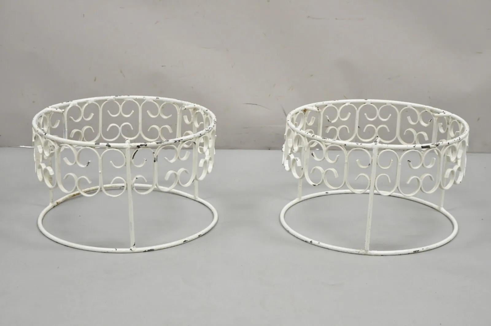 Mid-20th Century Arthur Umanoff Wrought Iron Scroll Low Round Glass Top Side Tables - a Pair For Sale