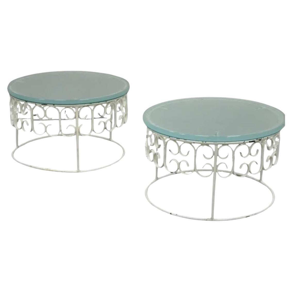 Arthur Umanoff Wrought Iron Scroll Low Round Glass Top Side Tables - a Pair For Sale