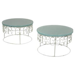 Arthur Umanoff Wrought Iron Scroll Low Round Glass Top Side Tables - a Pair