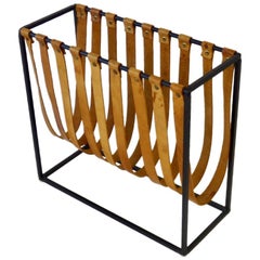 Arthur Umanoff wrought iron with leather magazine stand