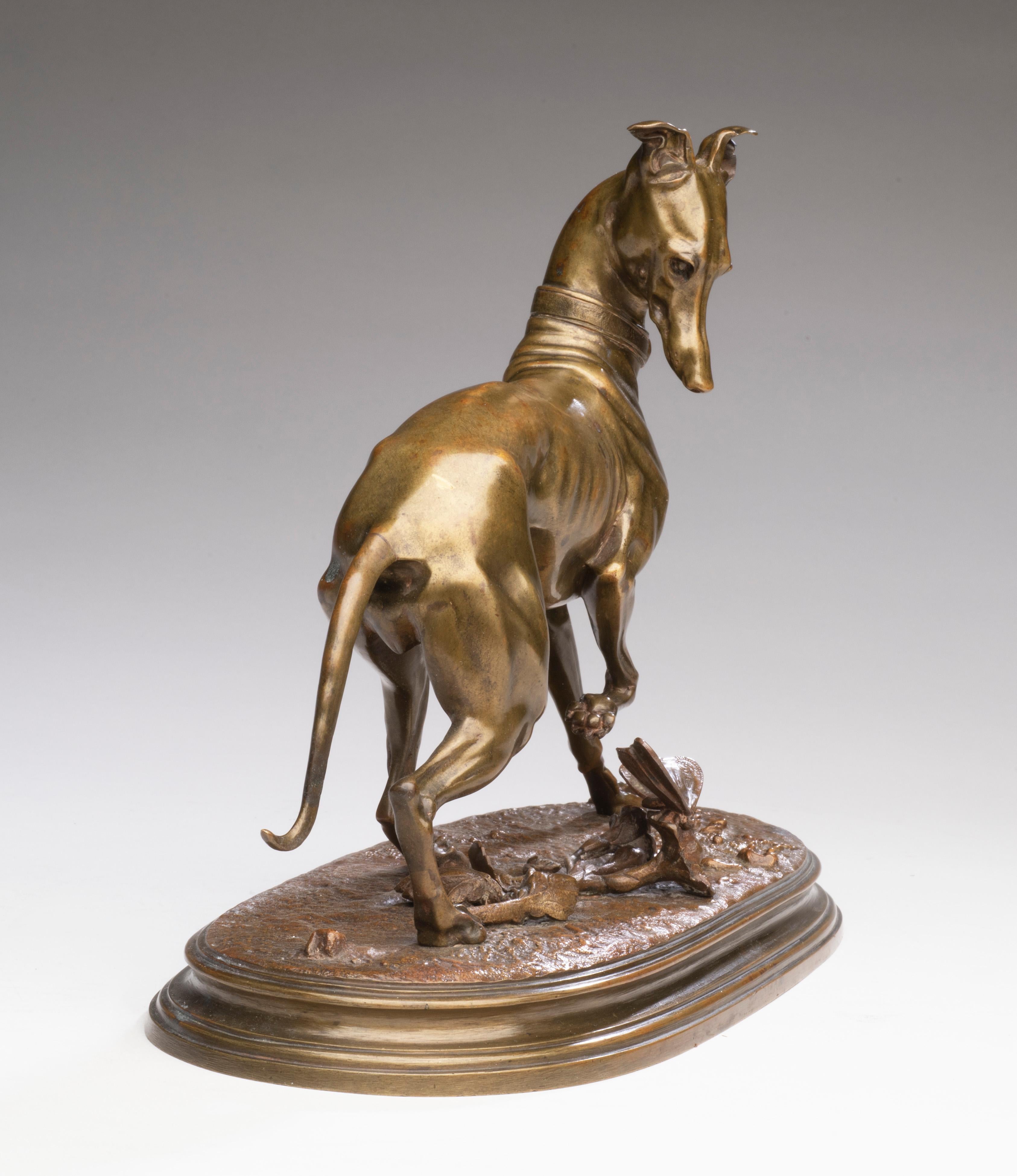 Antique Bronze Dog Portrait 
“La Levrette au Papillon” or “Whippet (Greyhound) with a Butterfly”  
Arthur Waagen (Germany, France 1833-1898)
Circa 1860’s
11 x 8 x 4  inches
(1 of 2. Not a pair.)

Arthur Waagen was a German-born sculptor and