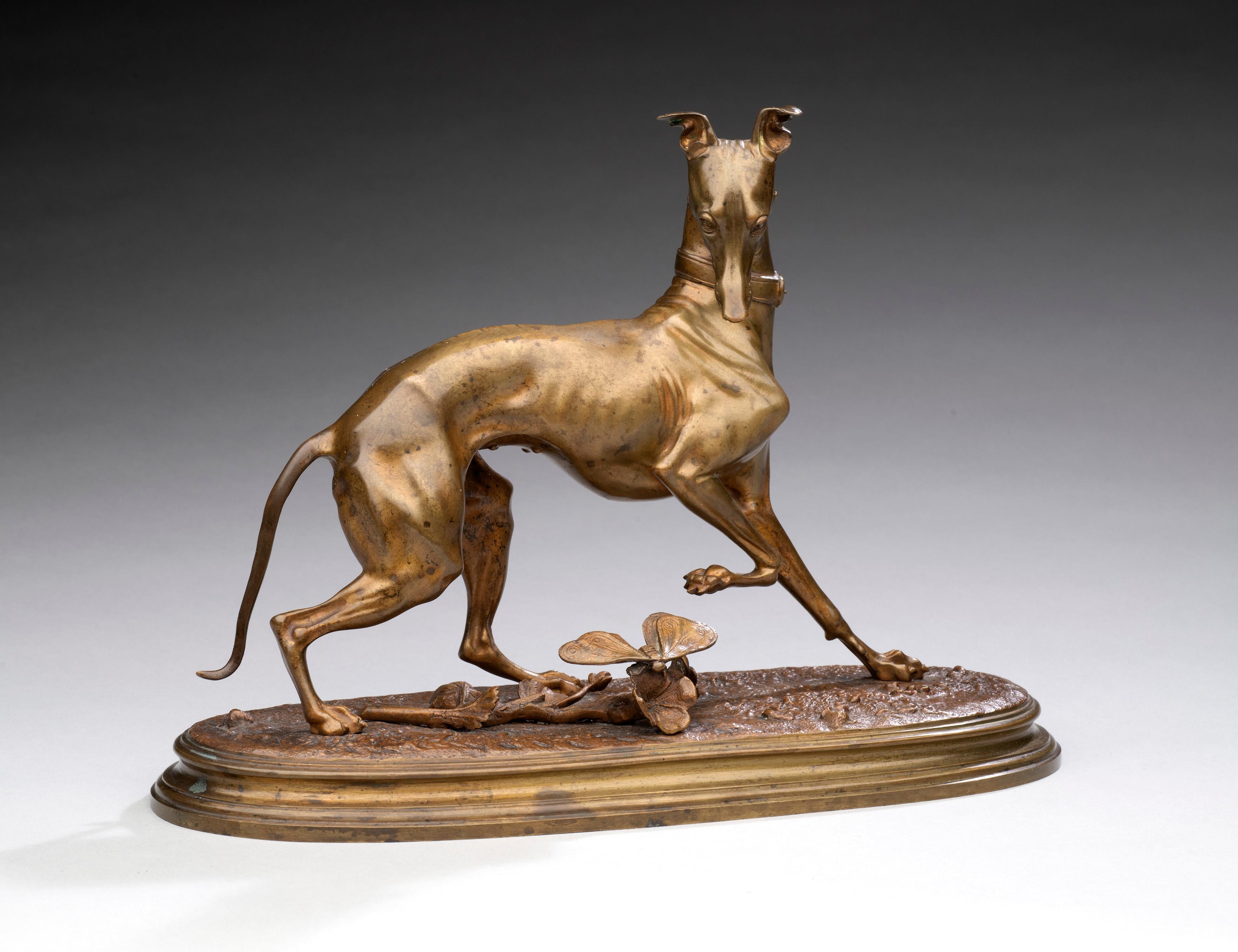 Antique Bronze Dog Portrait
“La Levrette au Papillon” or “Whippet (Greyhound) with a Butterfly”  
Arthur Waagen (Germany, France 1833-1898)
Circa 1860’s
11 x 8 x 4  inches
(2of 2. Not a pair.)

Arthur Waagen was a German-born sculptor and animalier