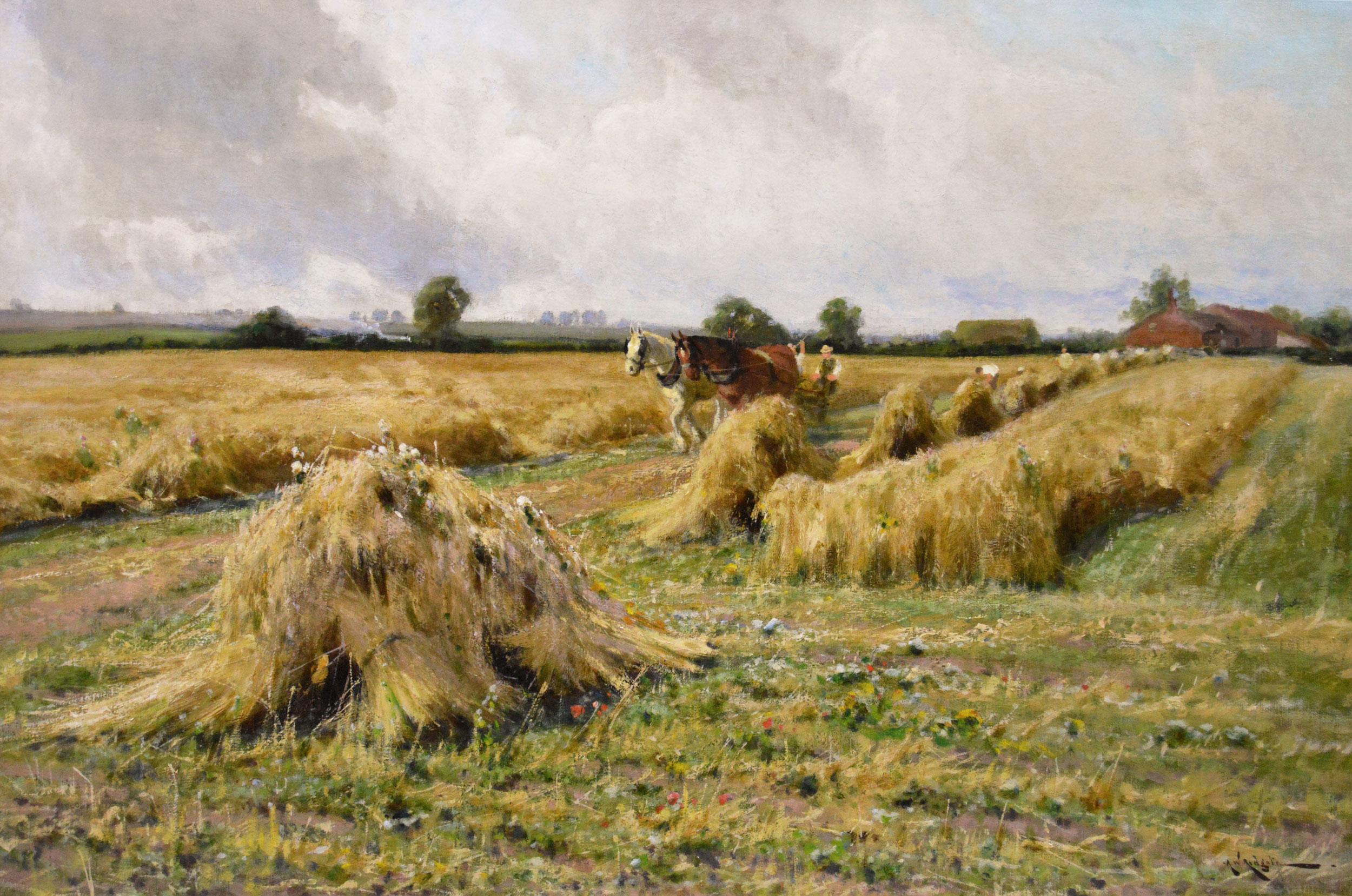 19th Century landscape oil painting of a harvest - Painting by Arthur Walker Redgate