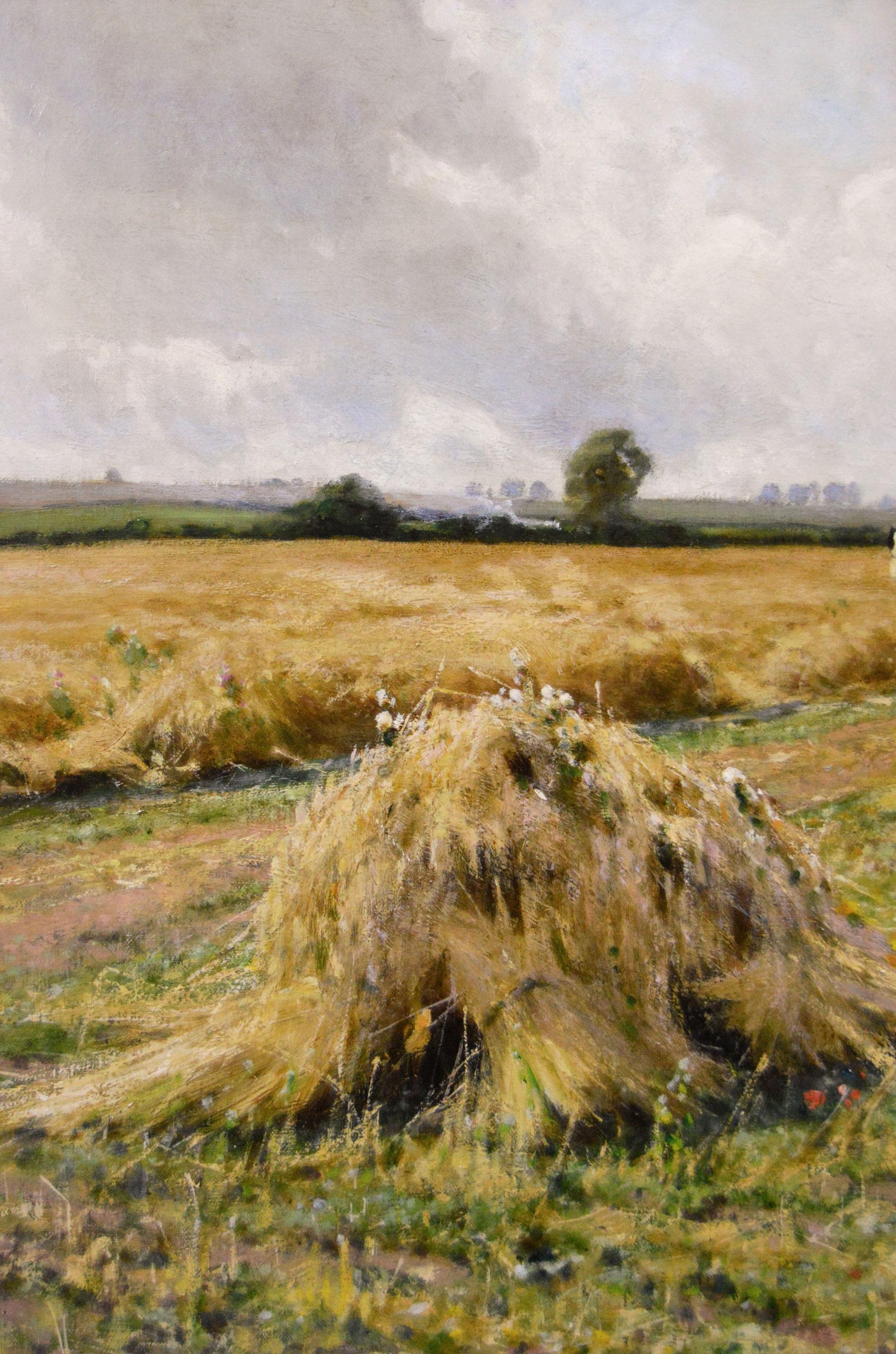 19th Century landscape oil painting of a harvest For Sale 1