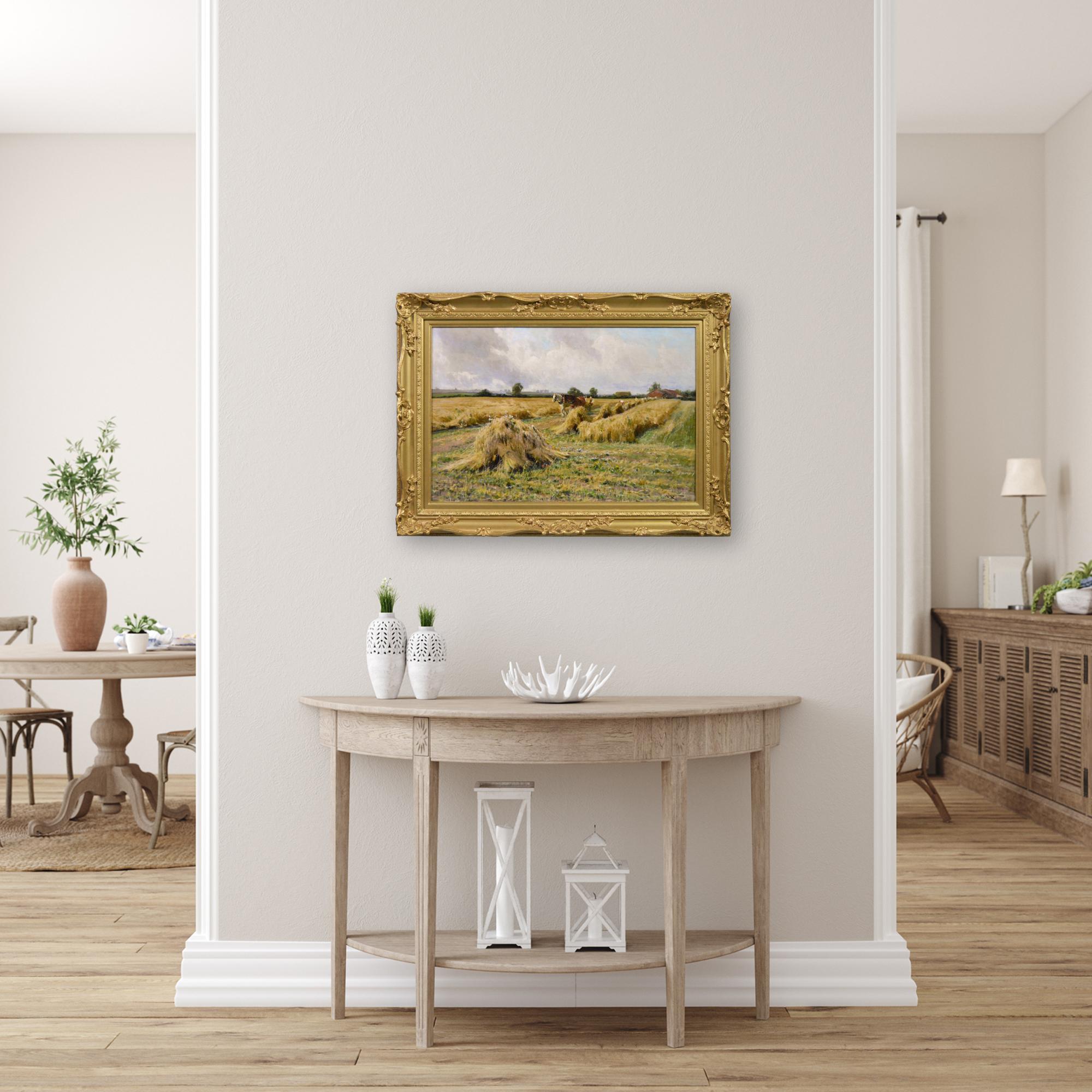 19th Century landscape oil painting of a harvest For Sale 3
