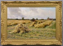 Antique 19th Century landscape oil painting of a harvest