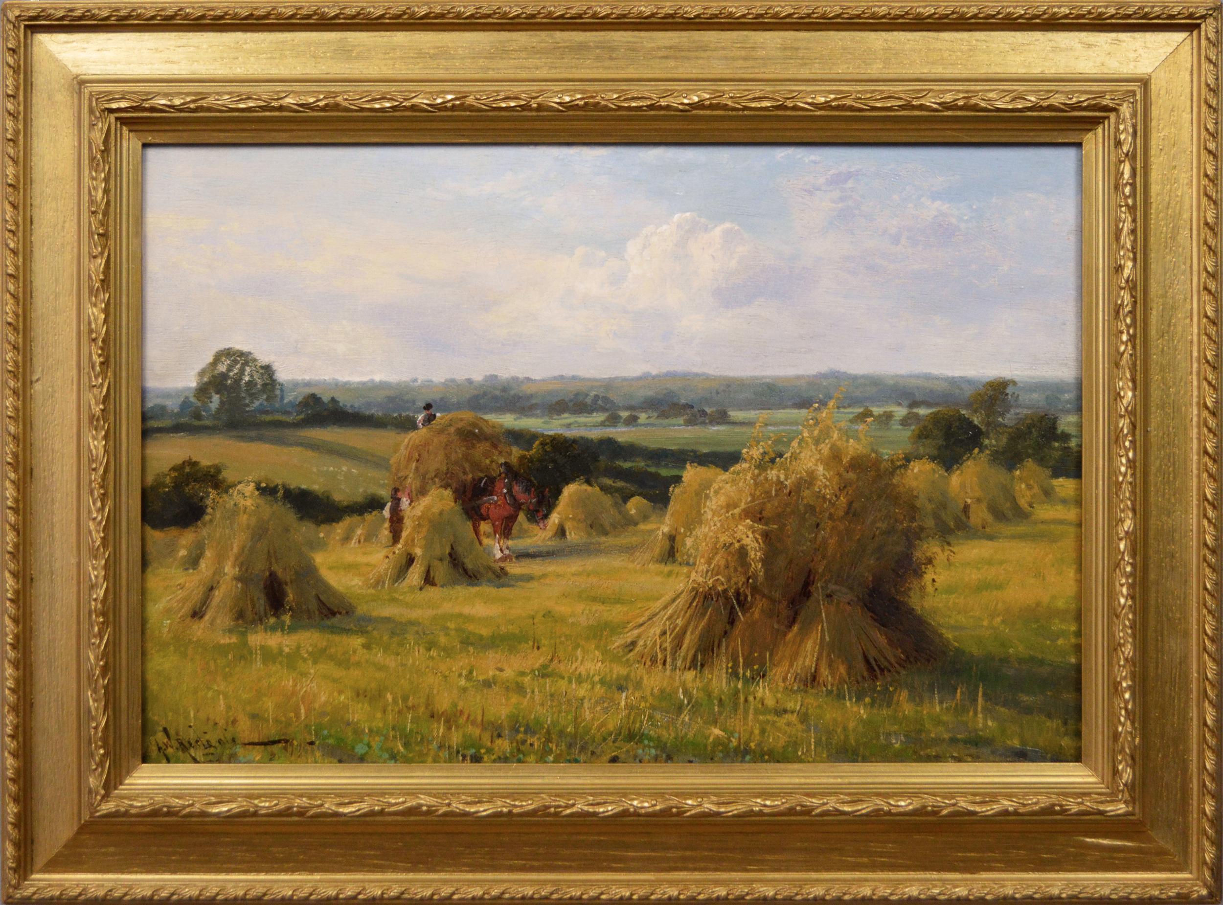 19th Century landscape oil painting of a harvest in the Trent Valley
