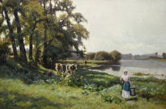 19th Century landscape oil painting of a woman with cattle near a river
