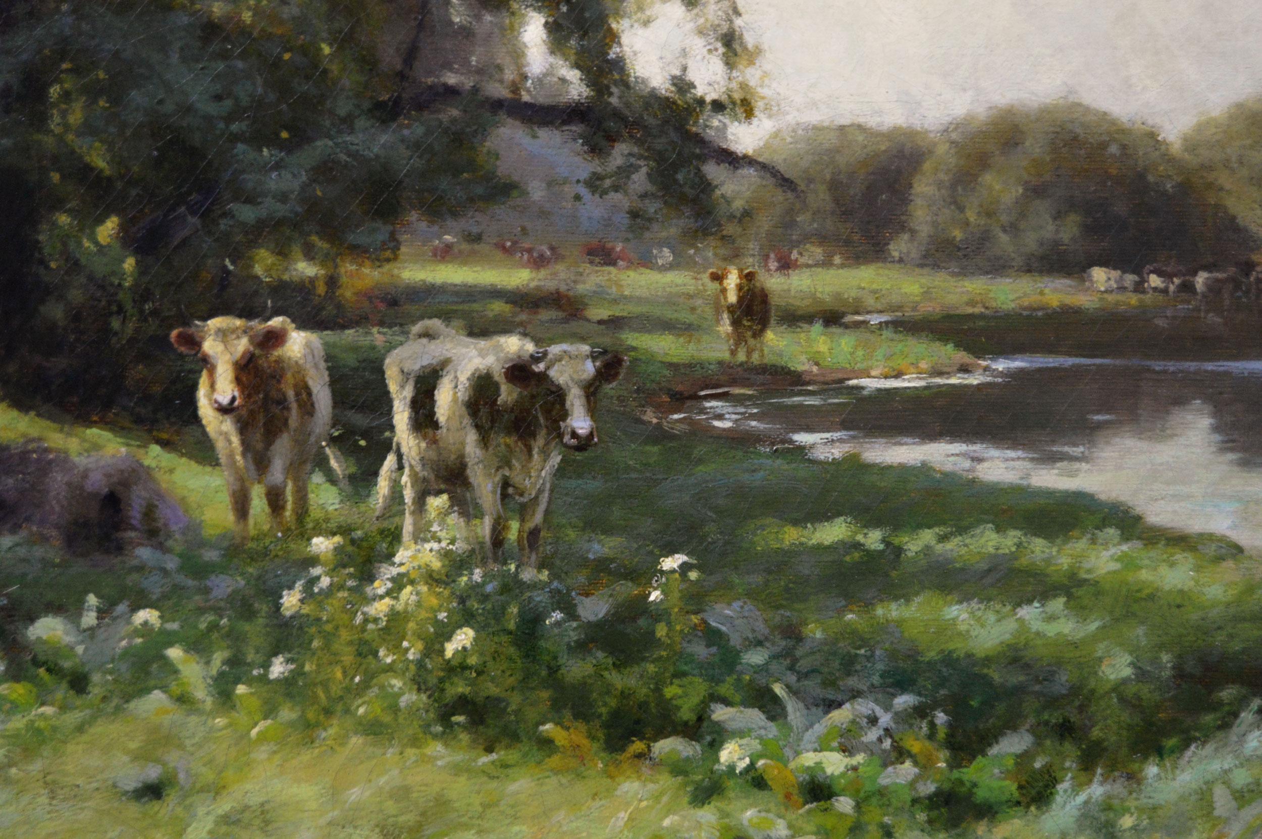 19th Century landscape oil painting of a woman with cattle near a river - Victorian Painting by Arthur Walker Redgate