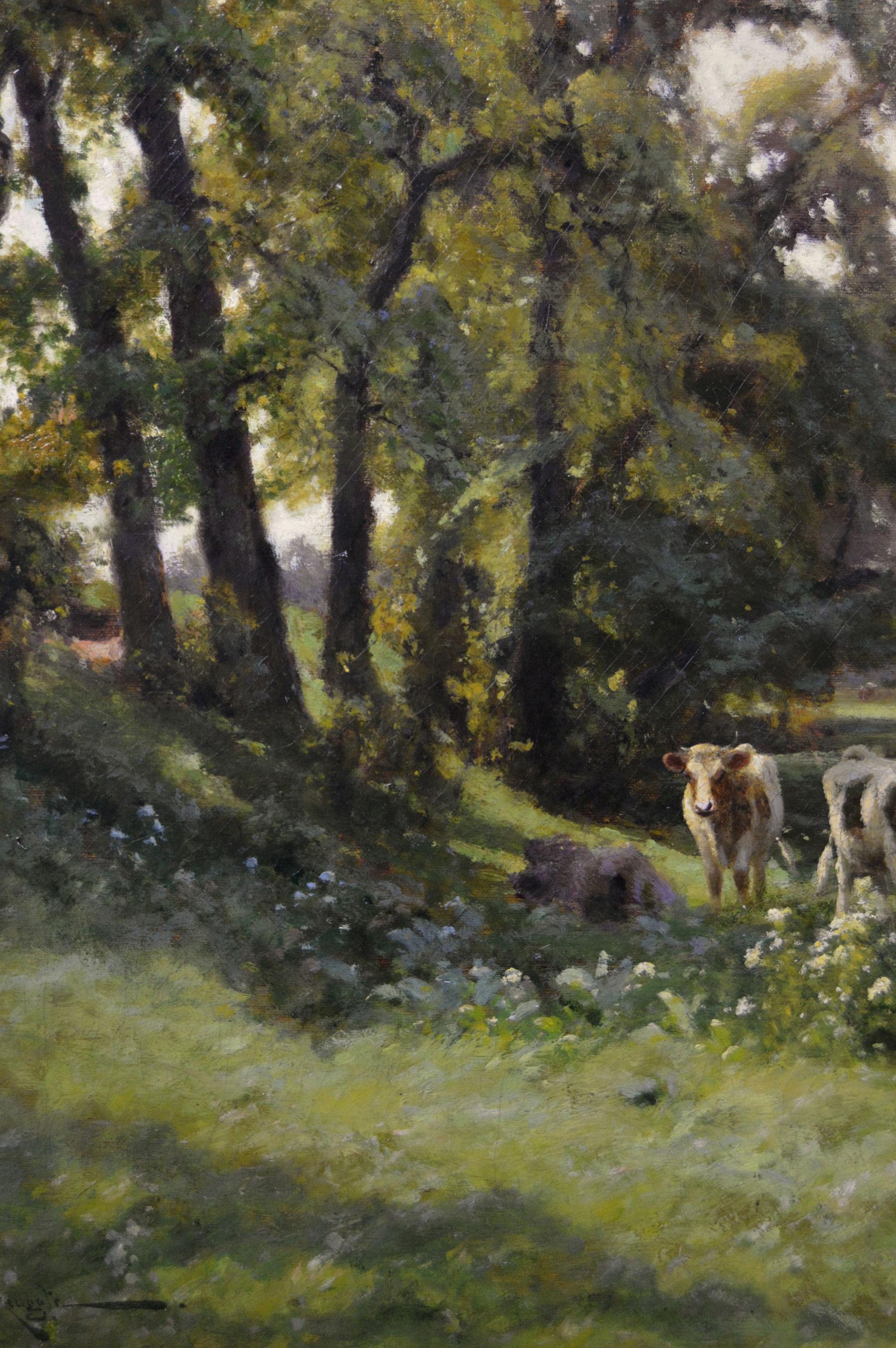 Peinture à l'huile de paysage du 19e siècle représentant une femme avec du bétail près d'une rivière en vente 1