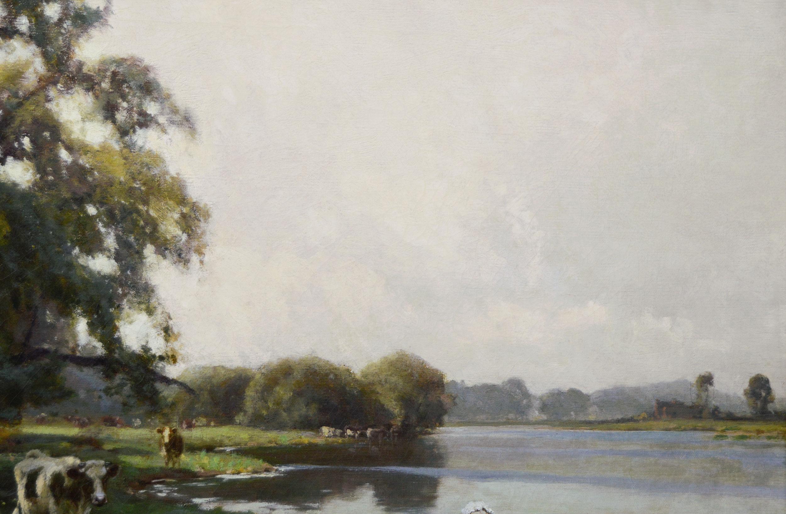 Peinture à l'huile de paysage du 19e siècle représentant une femme avec du bétail près d'une rivière en vente 2