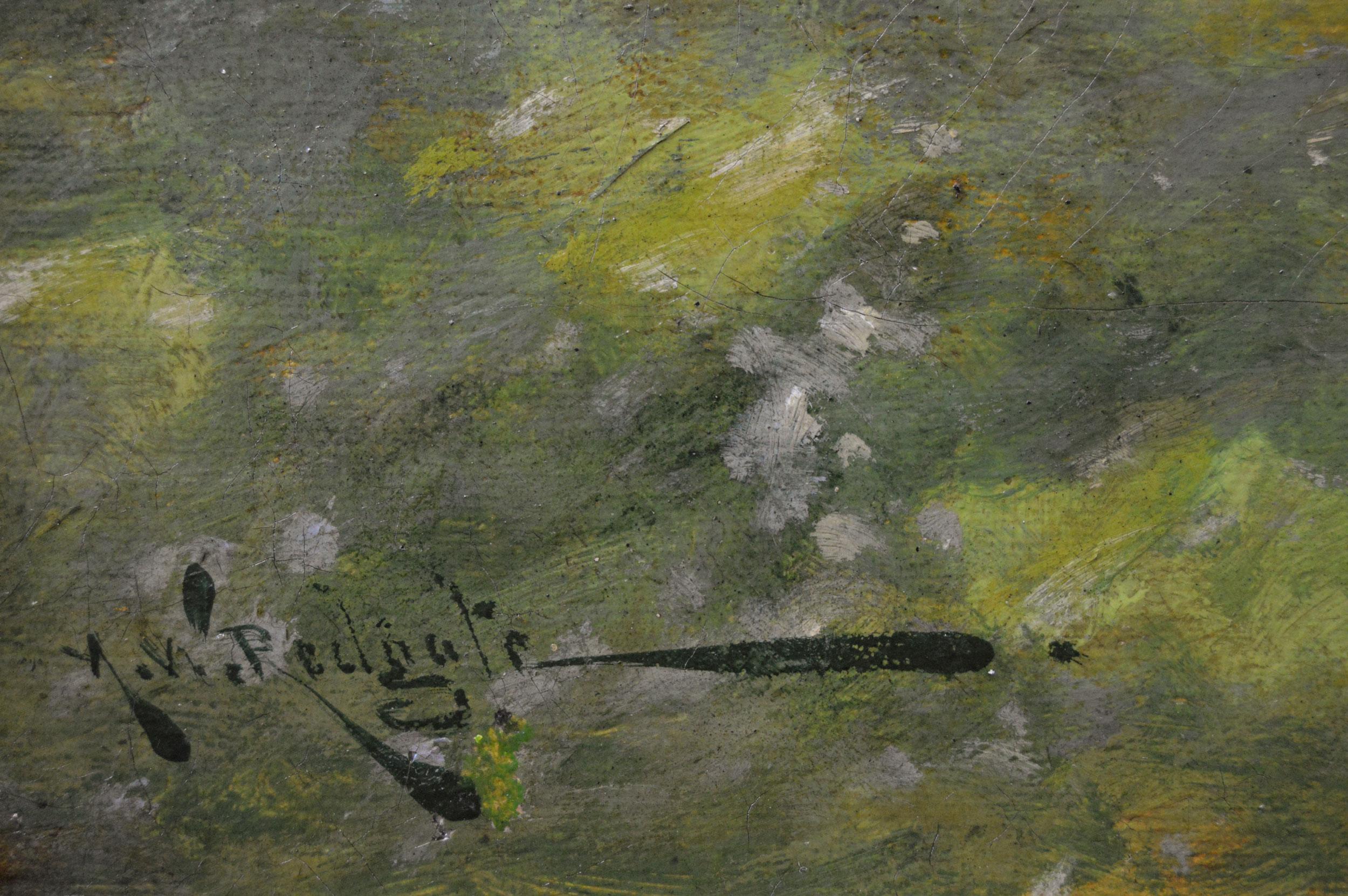 Peinture à l'huile de paysage du 19e siècle représentant une femme avec du bétail près d'une rivière en vente 3