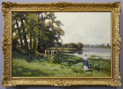 Peinture à l'huile de paysage du 19e siècle représentant une femme avec du bétail près d'une rivière