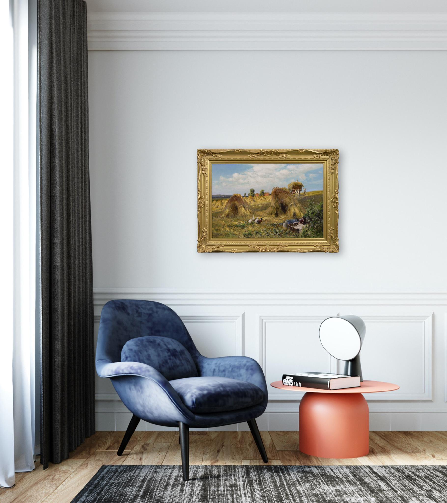 Peinture à l'huile du 19e siècle représentant des canards dans un champ de récolte en vente 5