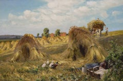 19th Century landscape oil painting of ducks in a harvest field