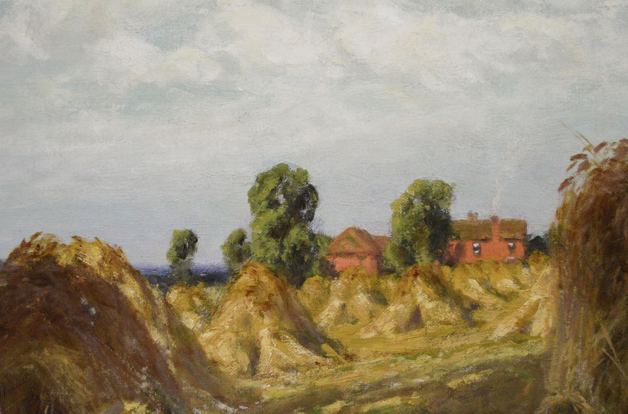 Peinture à l'huile du 19e siècle représentant des canards dans un champ de récolte en vente 1